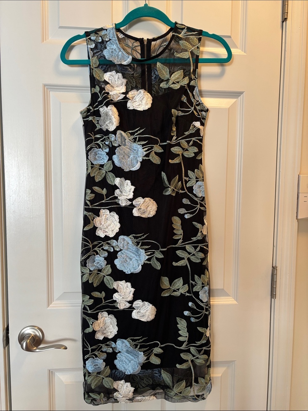 Calvin Klein Black Sheath Dress with White and Light Blue Floral Embroidery